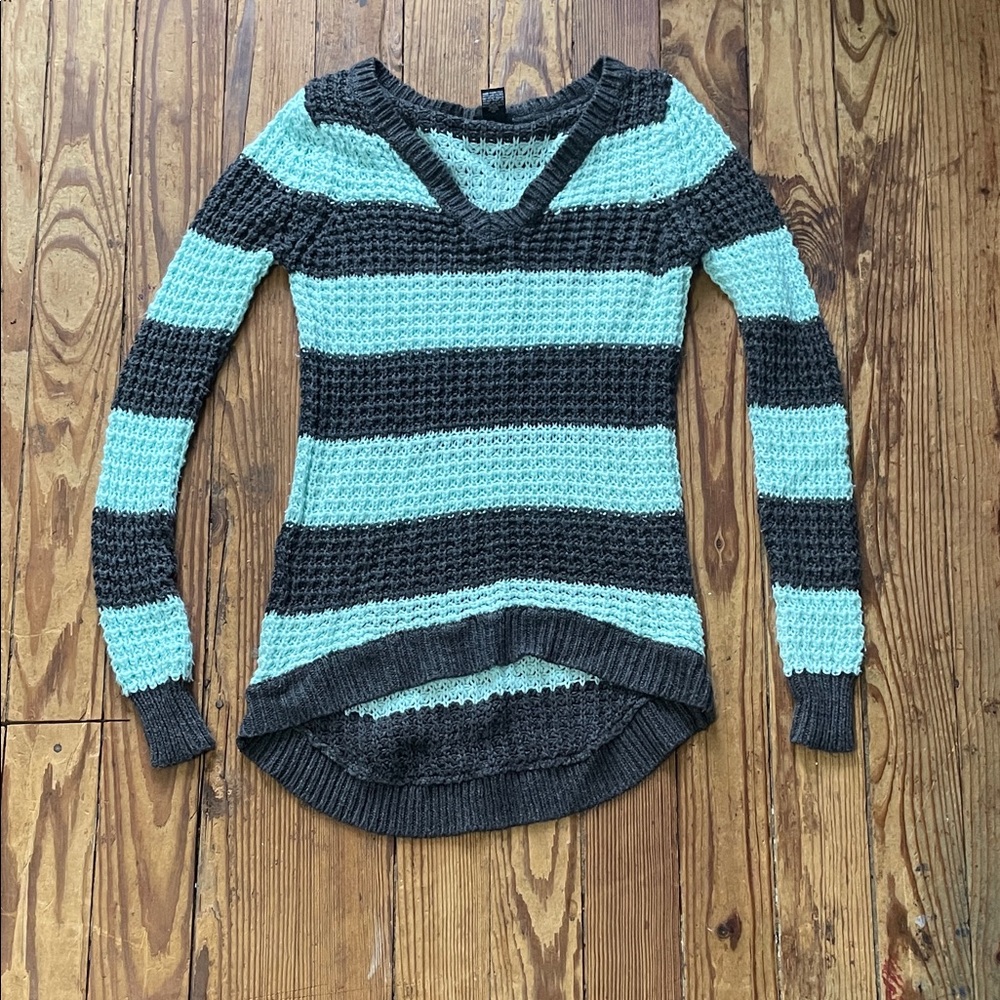 Rue21 Mint and Charcoal Striped V-Neck Sweater